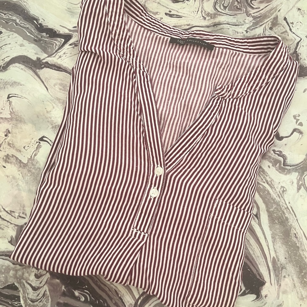 MARKS & SPENCER Womens Top Blouse Striped Red White Burgundy Cuffed Pocket - Picture 4 of 8